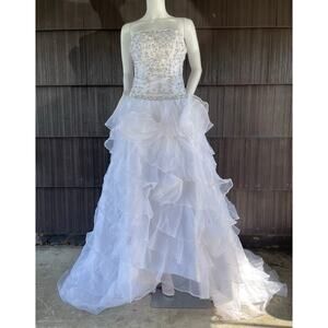 🔥Strapless Embroider Sequins Organza Ruffle Tiered Chapel Train Mermaid Dress